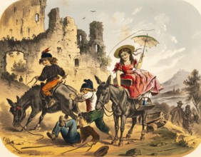 Children have fun riding on two donkeys, castle ruins in the background, stubborn donkeys throw off