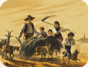 Family returns home with wheelbarrow full of grass, woman carries scythe to mow, man pushes full