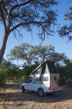 An equipped motorhome with roof tent stands under large trees in a sunny savanna, four-wheel