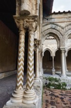 Famous cloister of the Benedictine monastery, decorated columns, double columns, Cathedral of