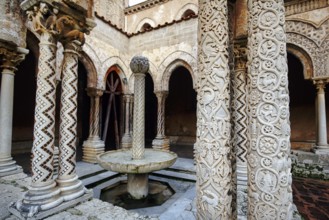 Famous Benedictine monastery cloister, decorated columns, double columns and fountains, Cathedral