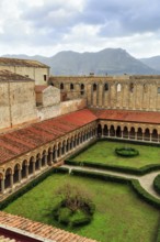 Famous Benedictine monastery cloister, courtyard garden, Norman architecture, Monreale Cathedral,