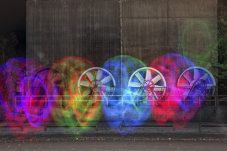 Light painting, color-lit fans of the former cooling plant, Landschaftspark Duisburg-Nord,