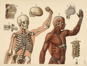 Medical illustration, human body, skeleton, bone structure and muscles, school picture, authentic