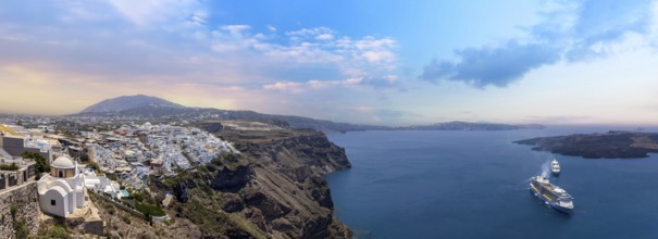 Greek islands, scenic Santorini Sea landscapes at sunset and Fira views