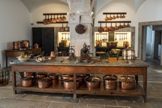 Copper pots and copper pans, kitchen of the palace Palácio Nacional da Pena, Sintra, Portugal