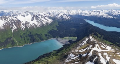 View of mountain landscape with turquoise blue fjord Sadie Cove and Tutka Bay, aerial view, Grace