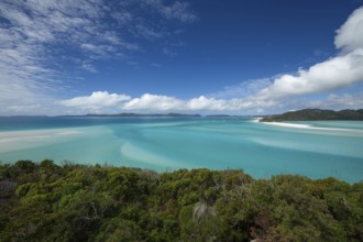 Sunny daytime view from Hill Inlet lookout over Whitehaven Beach, Whitsunday Island, Queensland,