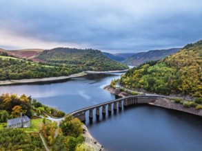 Autumn over Garreg Ddu Dam from a drone, Elan Valley, Caban-Coch Reservoir, Rhayader, Wales, UK
