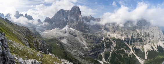 View of picturesque mountain landscape with rocky peaks, Cima Tosa peaks in the back, Via Ferrata