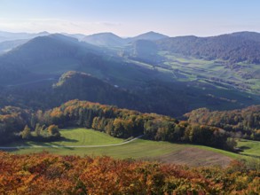 View of an autumnal forest from the Gisliflue, behind the Jurassic foothills with the Wasserfluh,