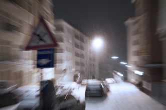 Snowstorm, zoom effect, Munich, Bavaria, Germany