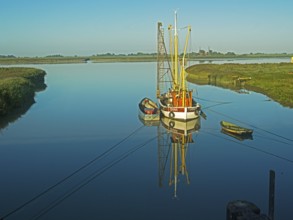 Emsfischereiboot, cutter, Diana, river, Ems, dammed up, flood, morning light, Terborg, East Frisia,