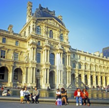 Entrance area, people, fountain, Louvre, Paris, France, September 1998, vintage, retro, old,