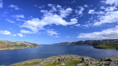 Green meadows on the banks of Syltefjord with clouds in the blue sky, landscape with a lake and