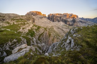 View of rocky mountain peaks of the Brenta Mountains at sunset, Alpenglühen, mountain landscape on