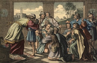 Scene from the biblical story, Joseph reveals himself to his brothers, authentic reproduction of a