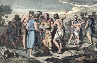 Scene from the biblical story, Joseph is sold as a slave to Egypt by his jealous brothers after
