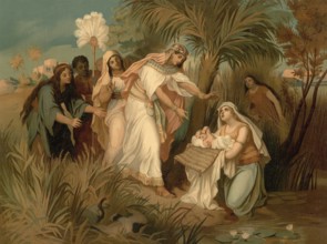Scene from the biblical story, Moses as a baby is found by the pharaoh's daughter in a reed basket