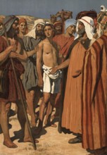 Scene from the biblical story, Joseph is sold as a slave to Egypt by his jealous brothers after