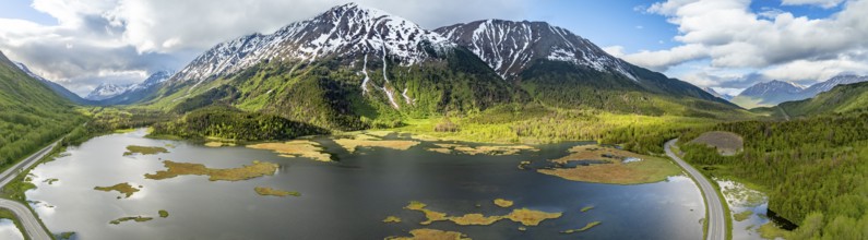 Lake Tern Lake and mountain landscape, aerial view, Moose Pass, Kenai Peninsula, Alaska, USA