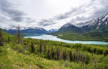 View of snowy mountains in spring and turquoise blue Kenai Lake, Slaughter Ridge Trail, Cooper