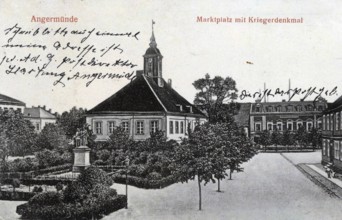 Angermünde, market square, district of Uckermark in the state of Brandenburg, Germany, postcard,