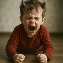 In little boy with devil horns screams and cries angry and angry, symbol anger, angry, upbringing,