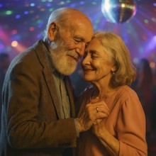 Two mobile seniors, an old man and an old woman dance dreamily to romantic music, symbolic image,