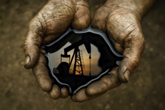 Two hands scoop oil, it reflects a drilling rig, production tower, symbolic image of energy, crude