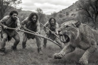 A sabre-toothed tiger, sabre-toothed cat, Smilodon (Machairodontinae) is attacked by prehistoric