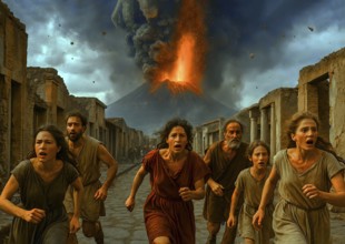 People are running for their lives, the fall of the Roman city of Pompeii in 79 AD due to an