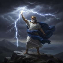 The father of the gods Zeus hurls lightning out of his hand from Olympus, symbolic image Greek
