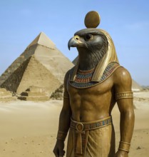 Horus with the falcon head, Egyptian god, sun god in front of the pyramids of Giza, symbolic image