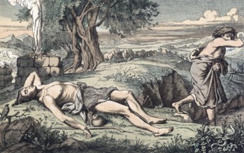 Scene from the biblical story, Cain and Abel, a central story from Genesis, the Bible, in which the