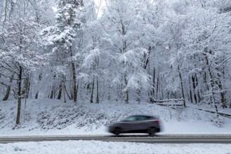 Car driving through snowy landscape, trees, winter, snow, Sieversen, Samtgemeinde Rosengarten,