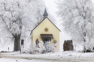 Schoenstatt Chapel Ennabeuren with hoarfrost in winter. Tourist attraction in the Swabian Jura.
