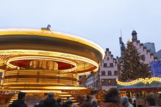 December 22, 2025, Frankfurt Christmas Market on Roemerberg with the skyline in the background at