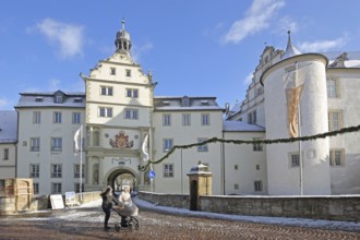 Portal of the Teutonic Order Castle in winter with snow, Castle, Bad Mergentheim, Tauber Franconia,