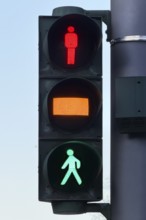 Pedestrian traffic light with yellow phase, Düsseldorf is the only city in Germany with a yellow
