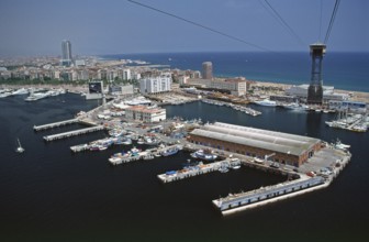View from cable car to harbour and Torre Sant Sebastiá, Barcelona, Spain, June 1999, vintage,