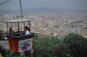 View of the city from the Montjuic cable car, Barcelona, Spain, June 1999, vintage, retro, old,