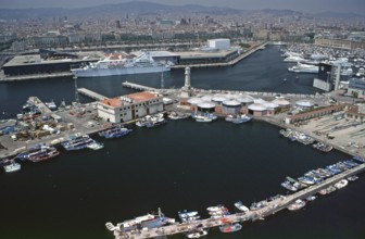 View from cable car to harbor, cruise ship, Barcelona, Spain, June 1999, vintage, retro, old,