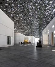Interior design in Louvre Abu Dhabi, art museum by French architect Jean Nouvel, buildings on