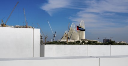 View of a construction site and roof of the Zayed National Museum, Saadiyat Island, Abu Dhabi,