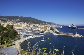 View from the citadel of the old port with marina and church of Saint Jean-Baptiste à Bastia or