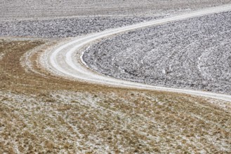 Winter landscape in the Swabian Jura. There is hoarfrost in the fields. Münsingen,