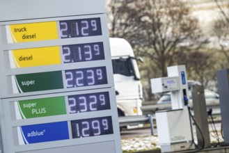 Fill up at Agip on the motorway. High prices on the A8 motorway near Gruibingen, Baden-Württemberg,