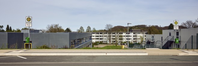 School bus stop, Hauptschule Mathilde - Anneke - school, houses, modern buildings, apartment