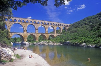 Beach, Gardon river, Pont du Gard near Avignon, southern France, June 1999, vintage, retro, old,